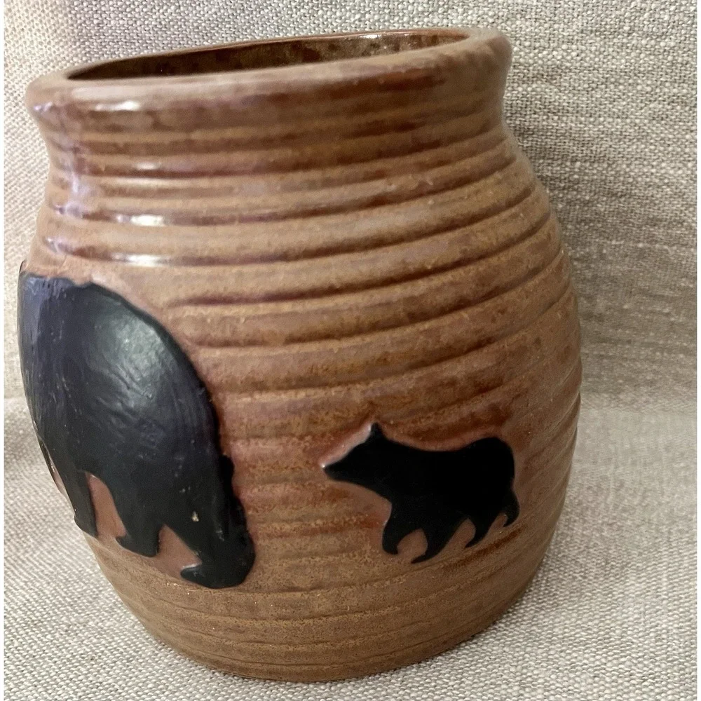 Rustic Bear Stoneware Pottery Lidded Kitchen Canister Brown & Black Cabin Lodge